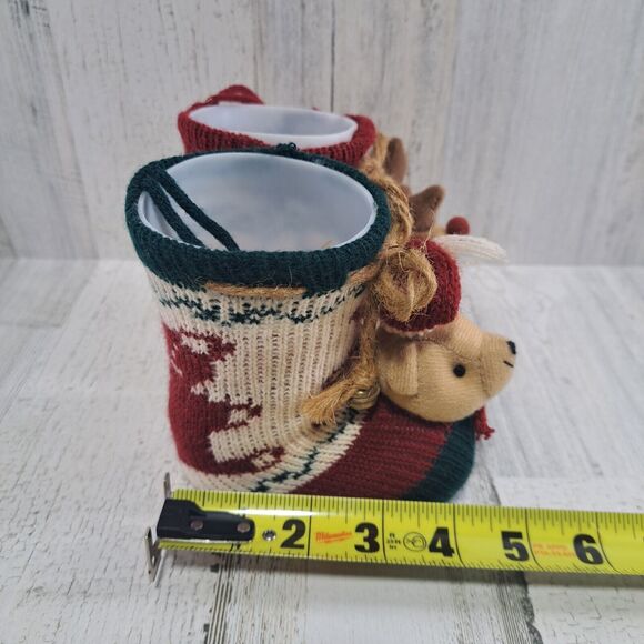 2 Knitted Christmas Boots Candy Cane Holders Stockings Plastic Inserts Deer Bear - Picture 9 of 10